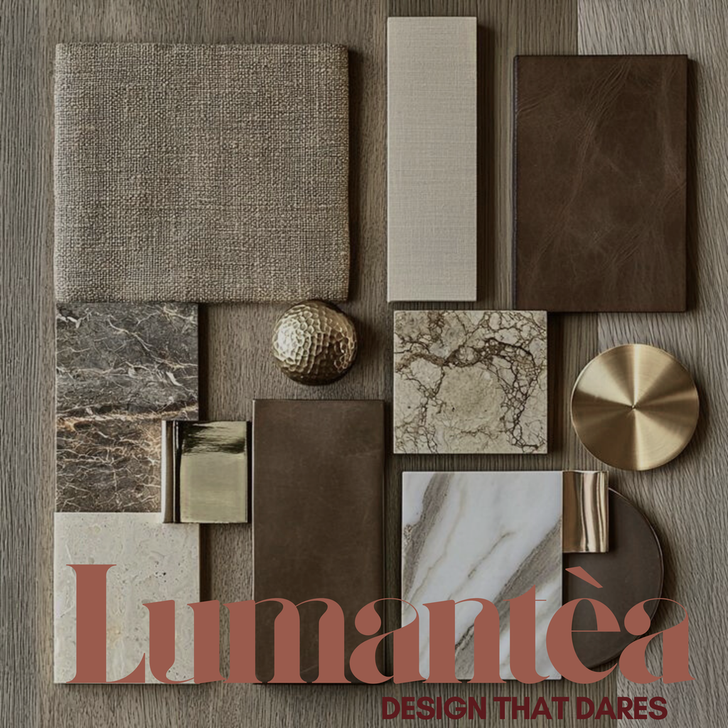 Collection of textured materials and metallic elements on a wooden surface with 'Lumantèa' branding.